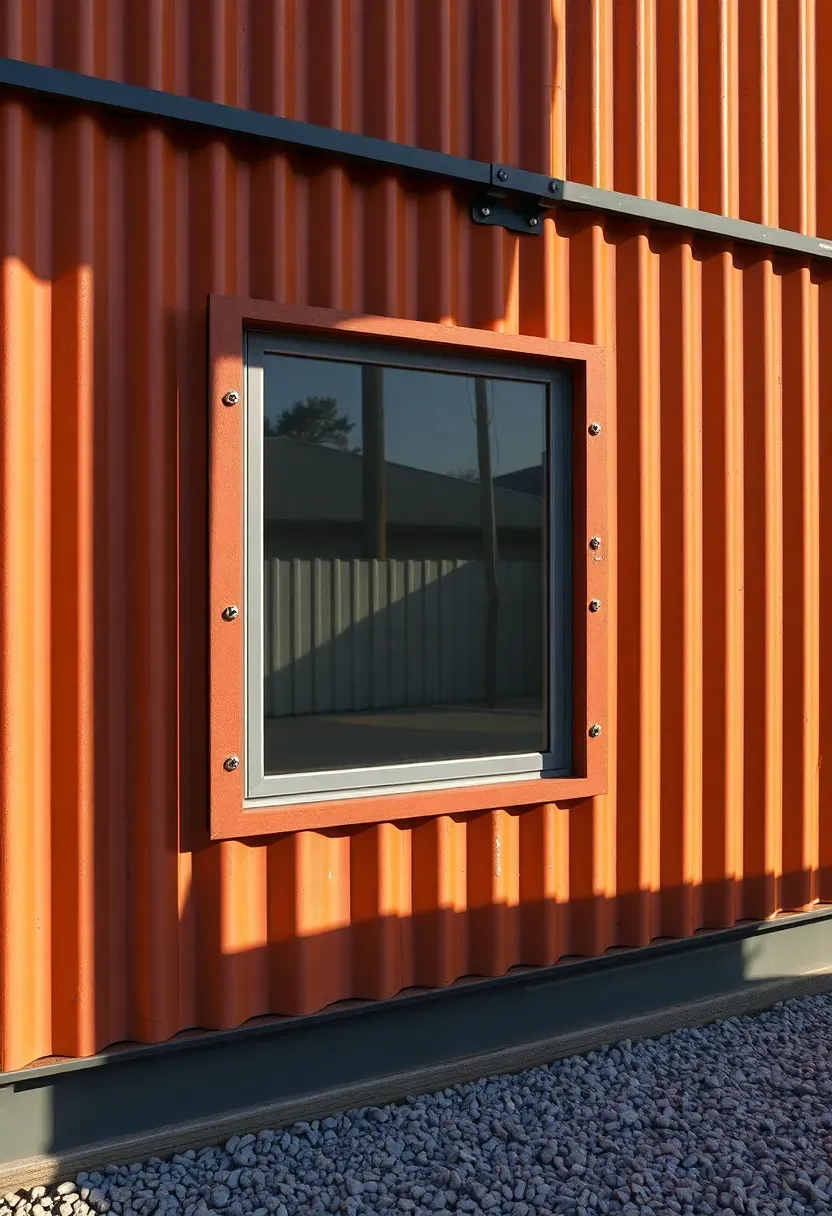 A repurposed shipping container converted into a backyard shed with a cut-out window, a sliding barn door, and rust-orange paint on corrugated steel walls