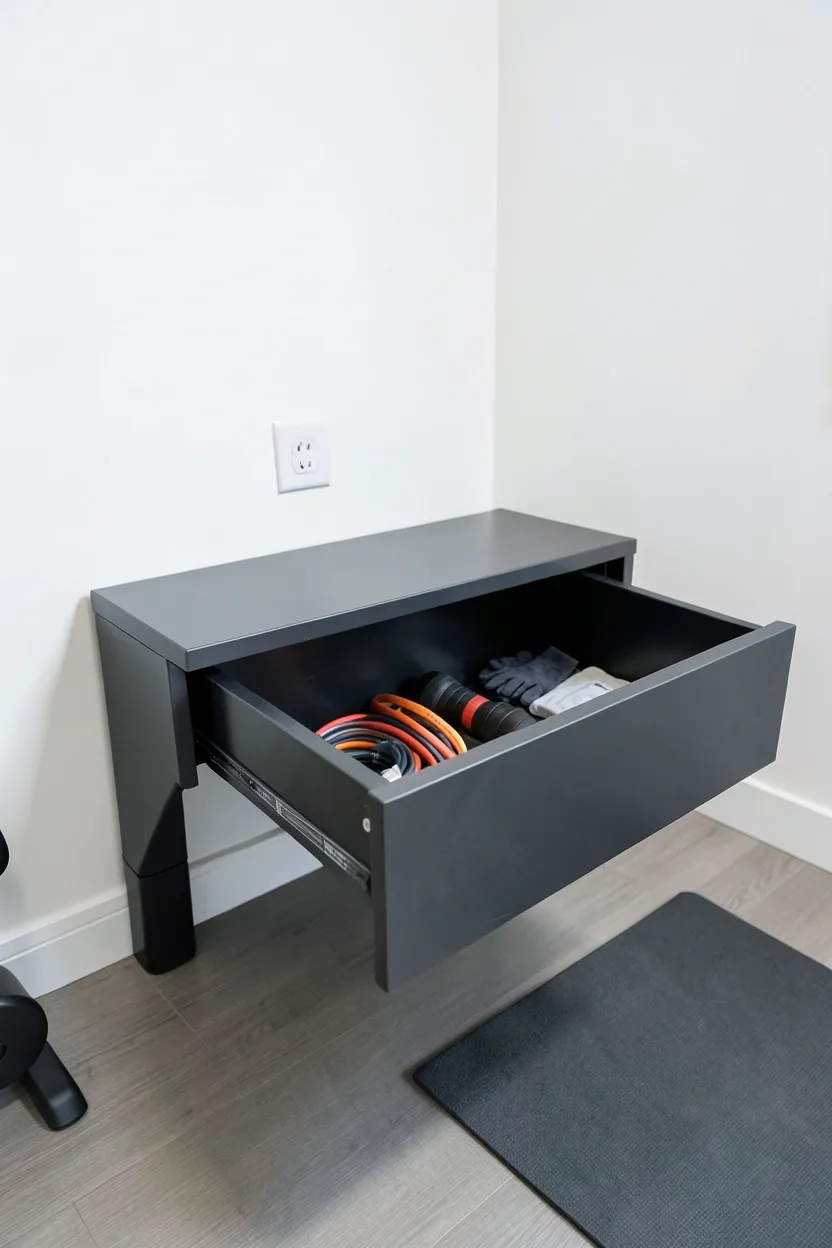 Workout bench with open under-bench storage drawers holding resistance bands and gloves in a small home gym