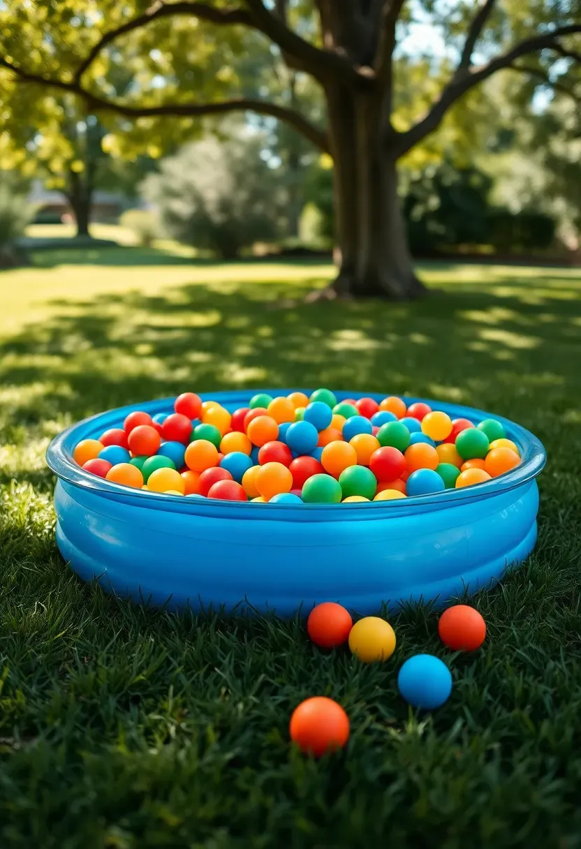 A small inflatable kiddie pool filled with colorful plastic balls as a ball pit for toddlers at a backyard birthday party