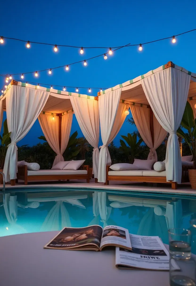 Luxury resort-style pool area with white fabric cabanas, daybed lounges, tropical plantings, and string lights at twilight