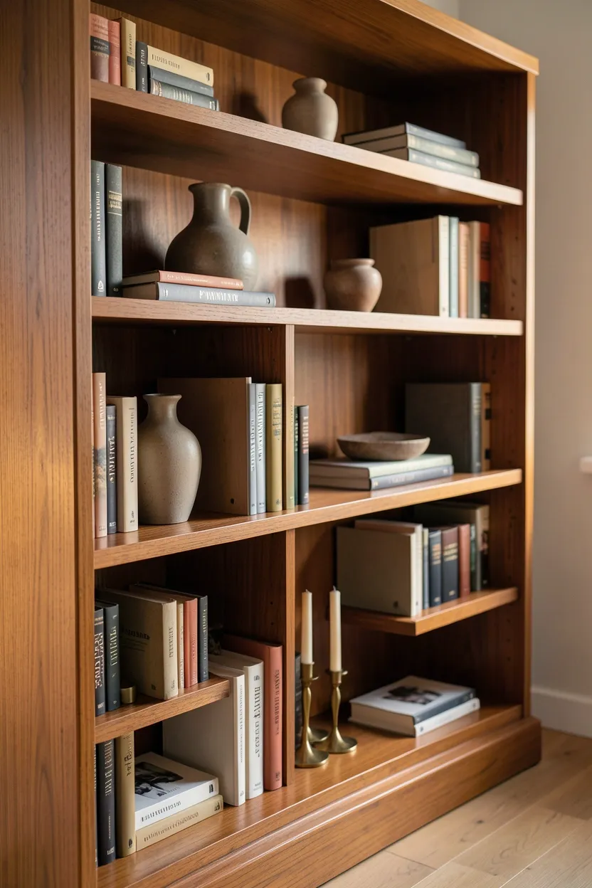 Mid-century teak bookshelf displaying ceramic vases, brass candlesticks, and vintage books in a Scandinavian living room