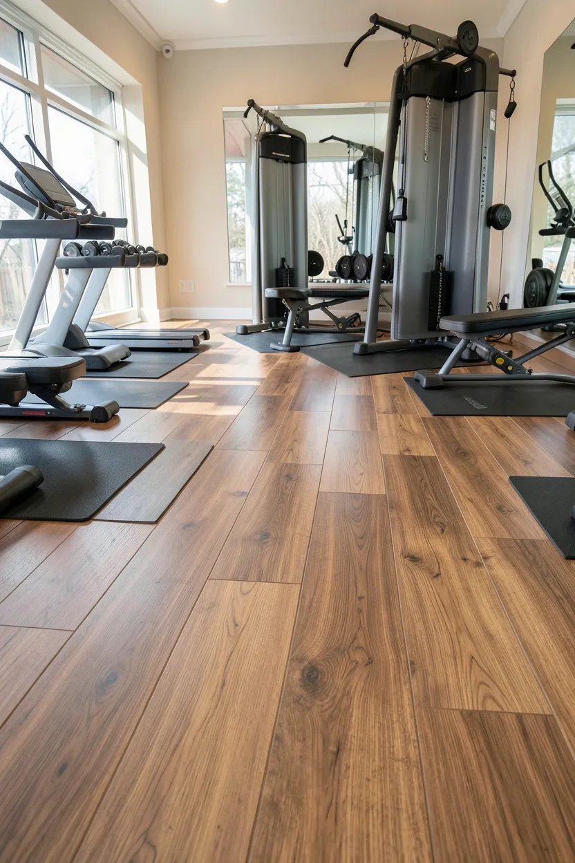 Modular stone-look vinyl tiles in a clean white apartment gym space arranged in a custom two-tone pattern