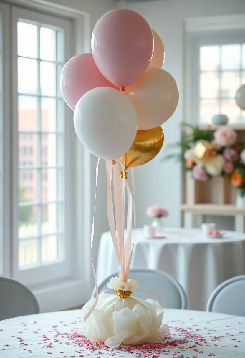 tall balloon bouquet tower centerpiece in pastel pink blue and gold with ribbon tails cascading down a decorated baby shower table