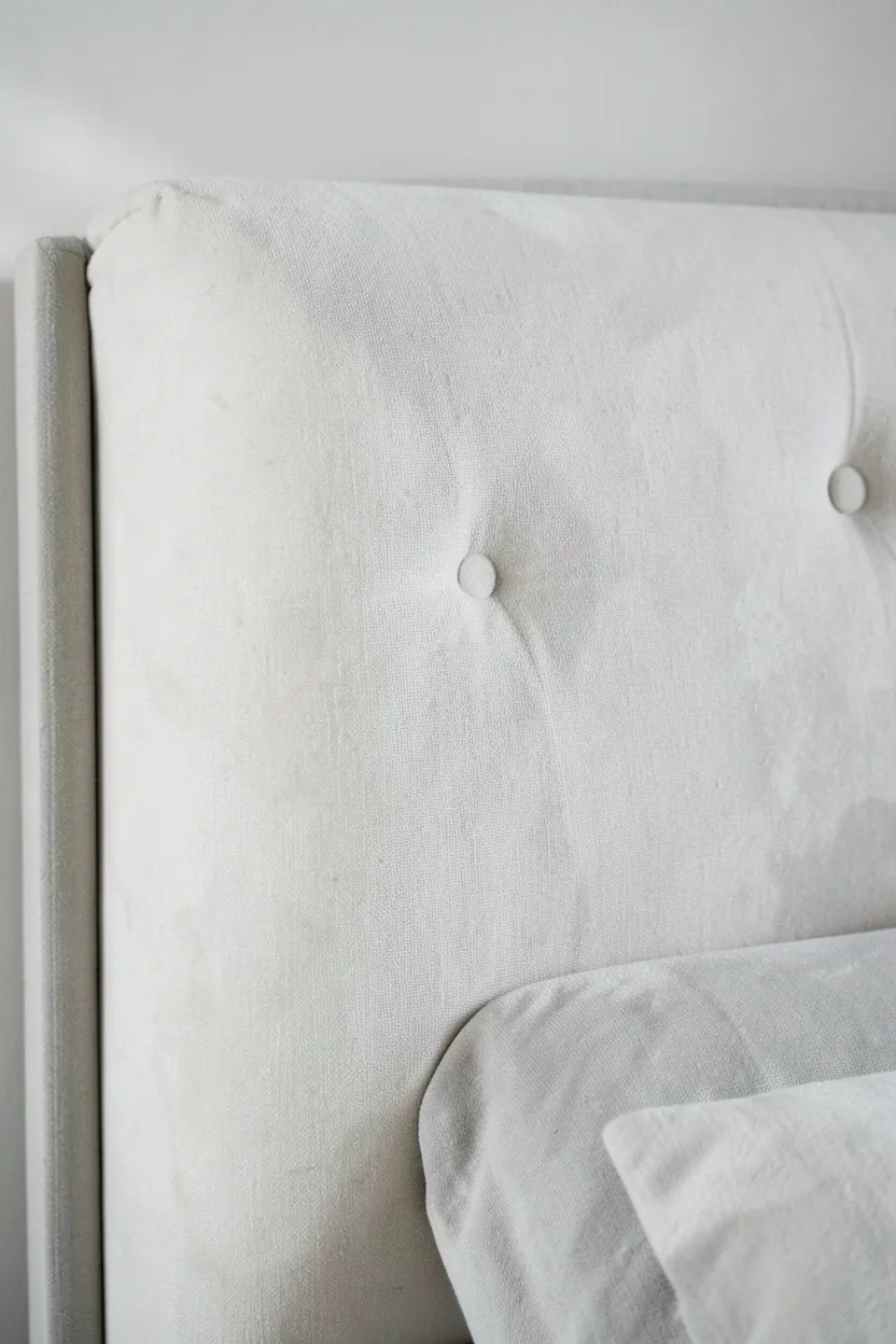 Upholstered linen headboard in warm beige with channel stitching as a soft focal point in a neutral bedroom