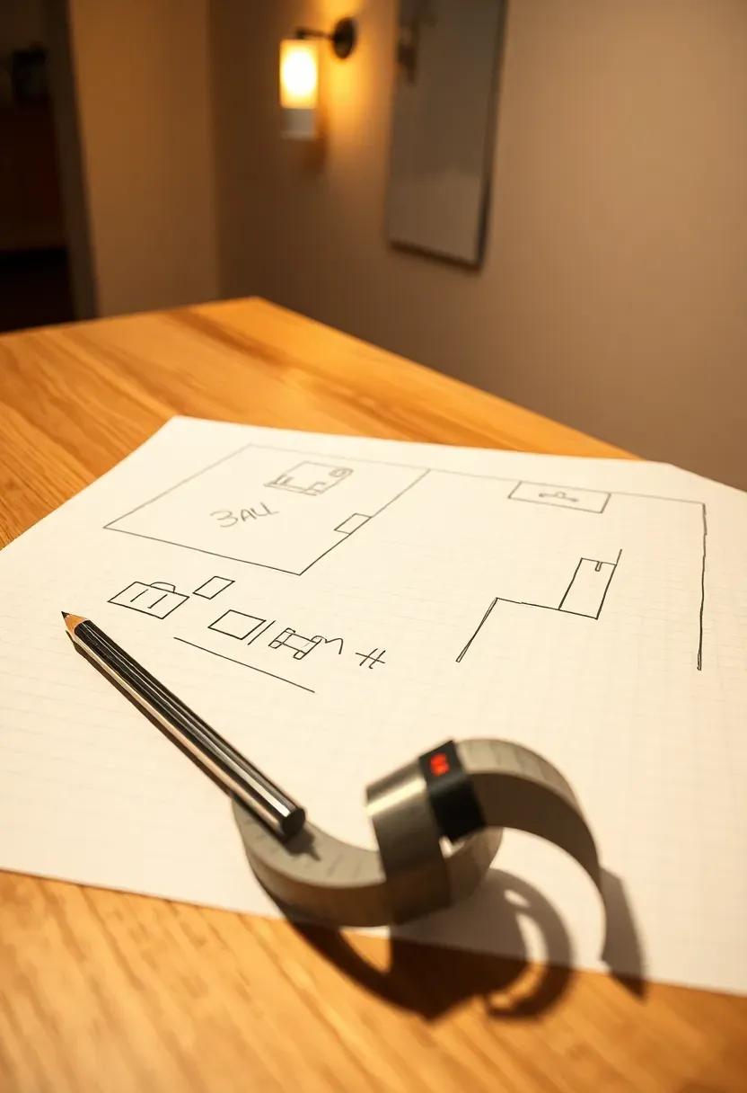 Hand-drawn scaled floor plan with furniture cutouts laid out on graph paper