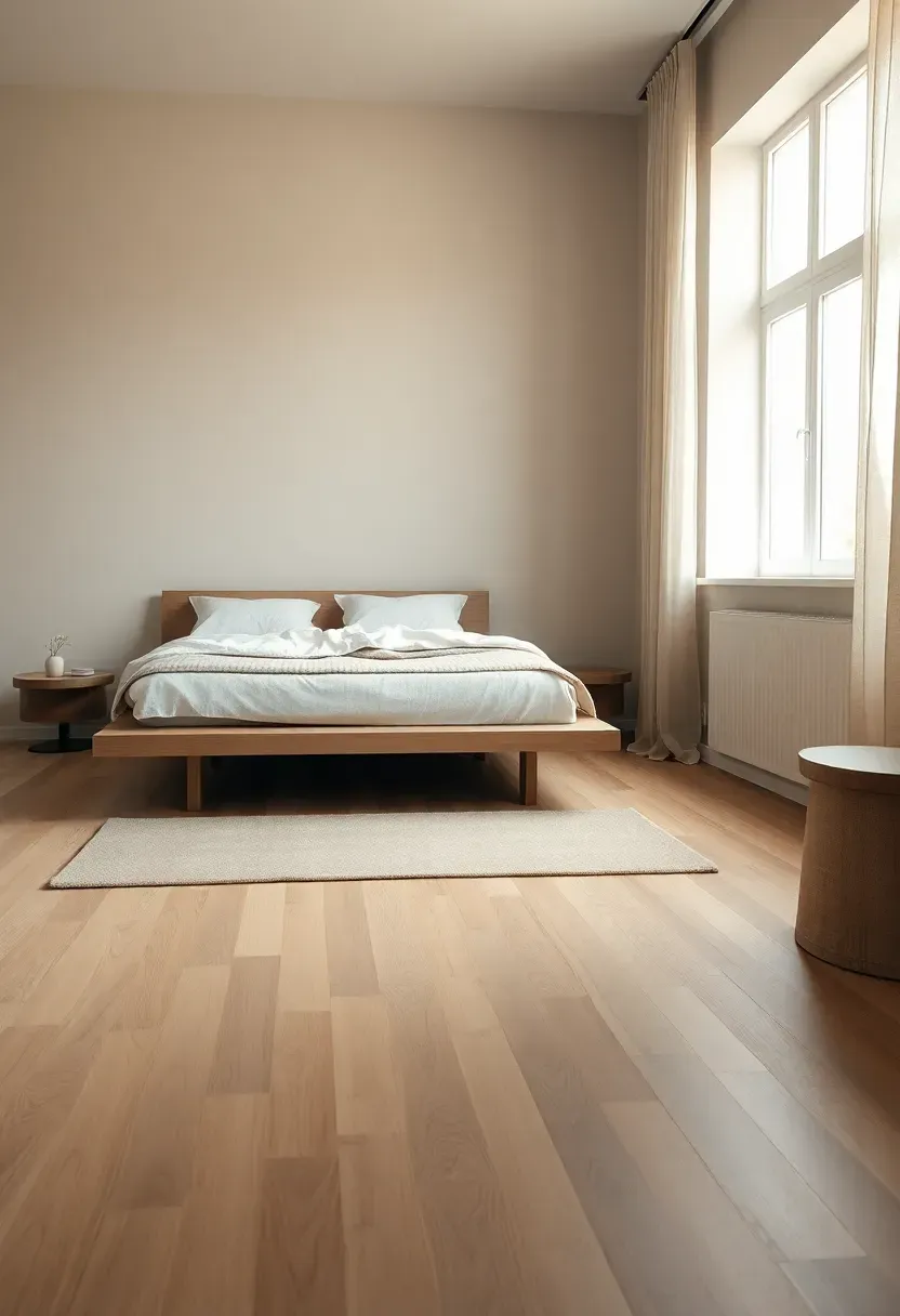 Wide-plank oak floors and a low platform layout