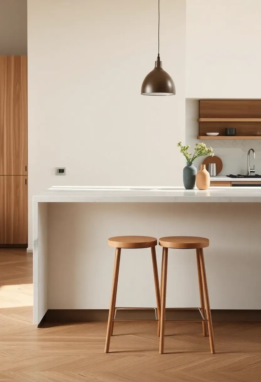 Veined quartz breakfast bar with waterfall leg