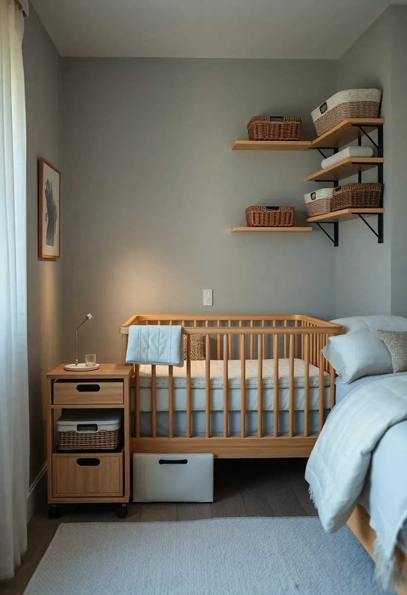 Compact bedside nursery corner in small rental bedroom with bassinet next to bed, under-bed rolling storage bins, and bedside table with drawer storage