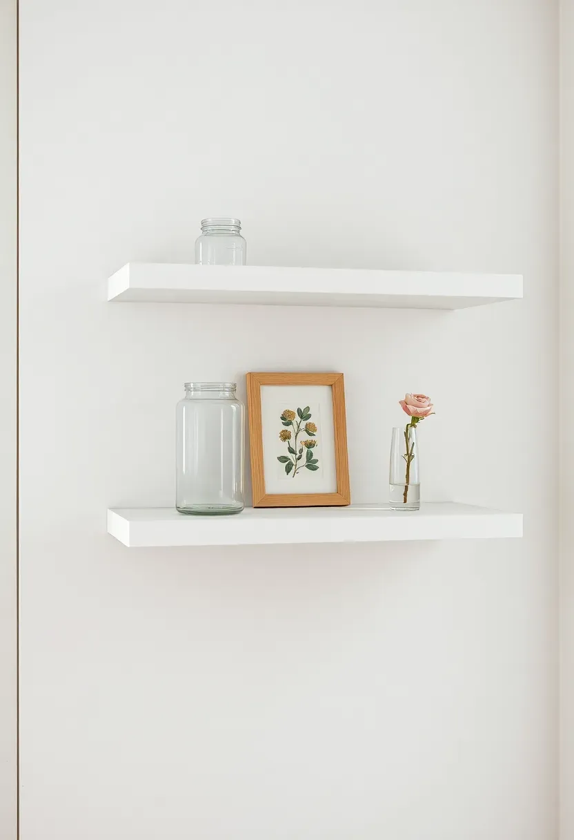 Sanded-edge floating shelves in soft white with distressed corners displaying glass jars, small frames, and dried roses