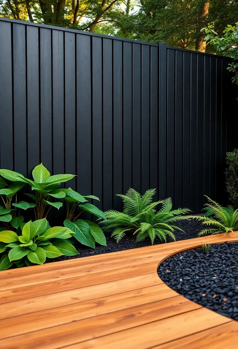 Black stained cedar fence with a matte finish in a backyard with green plants and warm wood deck flooring