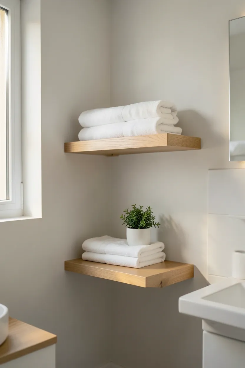 Small apartment bathroom with cohesive neutral palette of whites, creams, and warm wood tones creating a calm spa-like aesthetic
