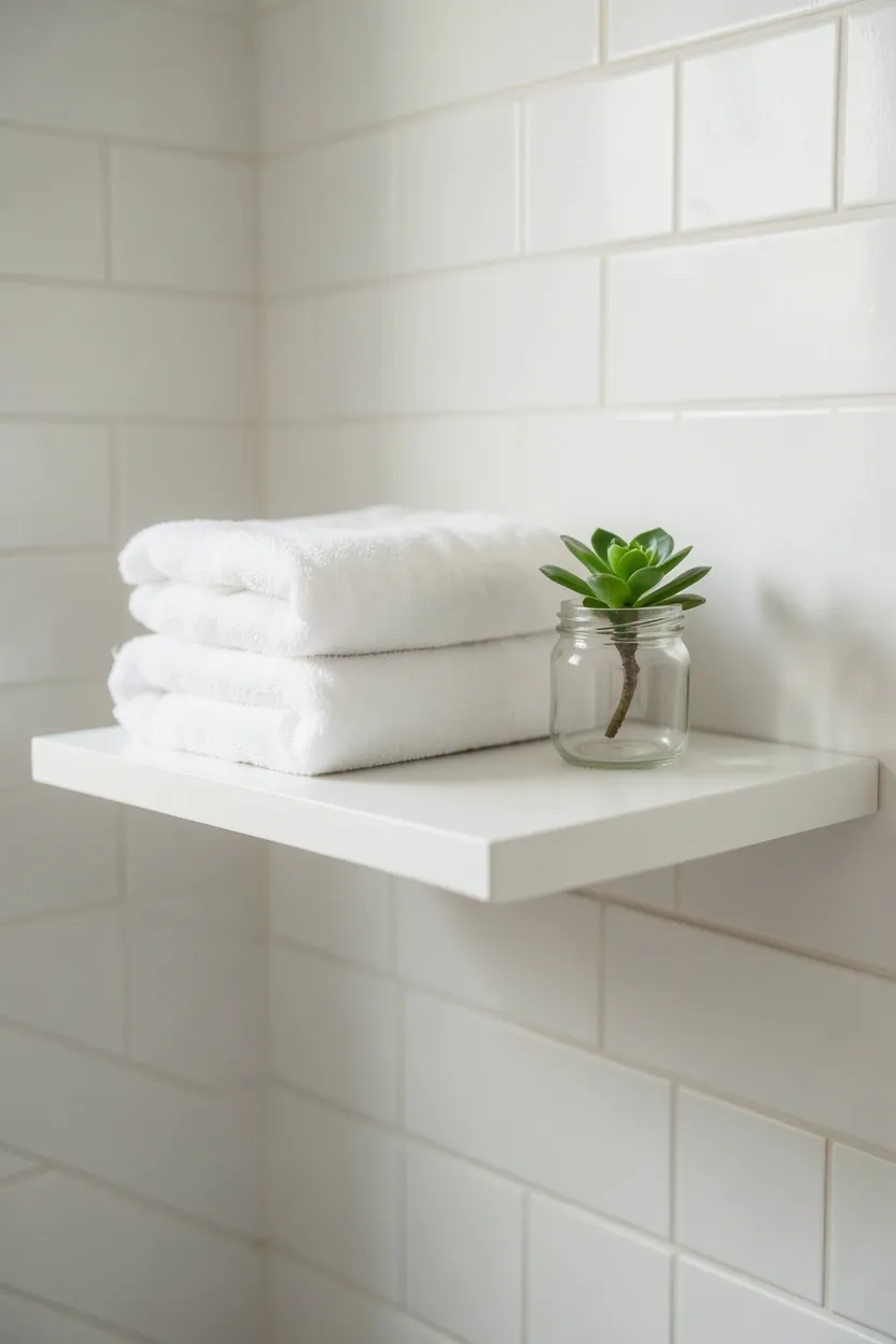 Light wood floating shelves with rolled white towels and small potted plant above toilet in apartment bathroom