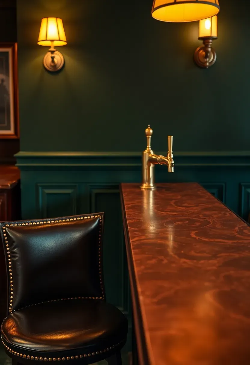 Basement pub with a copper bar top showing warm patina, leather cushioned bar stools, dark green walls, and brass tap handles