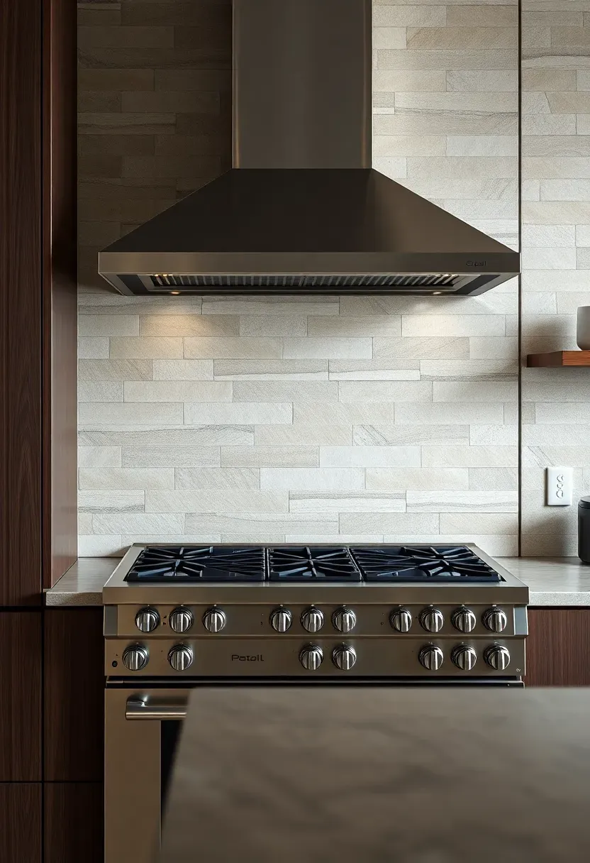 stacked stone ledger panel backsplash behind stove in charcoal and cream tones with industrial metal hood