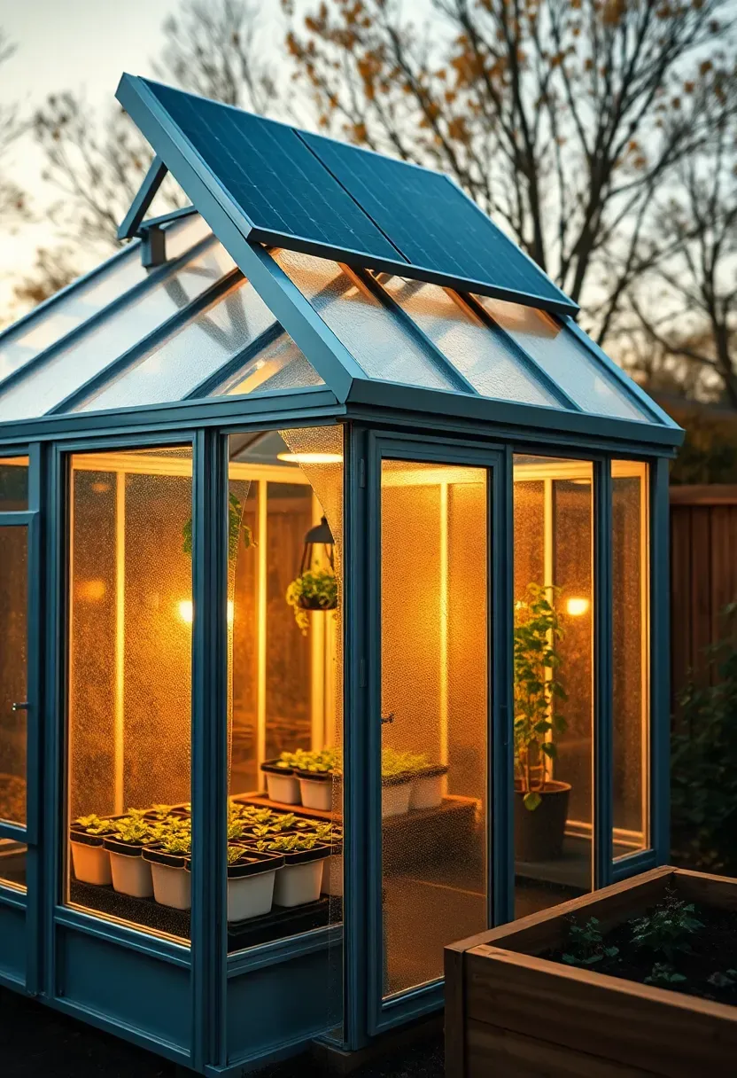 Solar greenhouse with photovoltaic panel on roof, interior visible with seed trays and hanging herbs through glass, cedar raised beds outside
