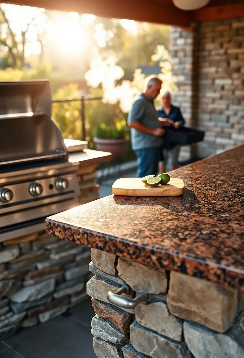 Built-in outdoor grill station next to a bar counter with stone base, stainless steel appliances, cutting board, and people grilling in the background