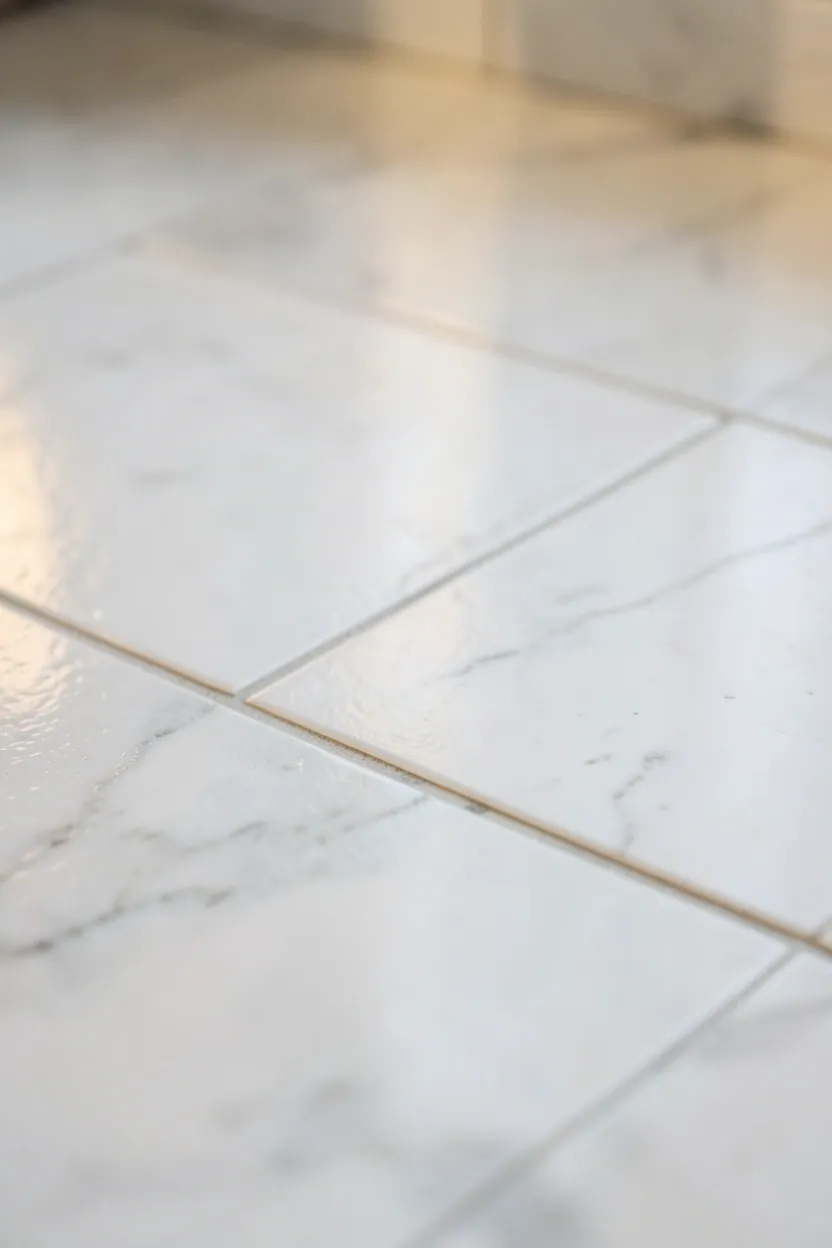 Honed carrara marble floor tiles with radiant heating in a luxurious elegant bathroom