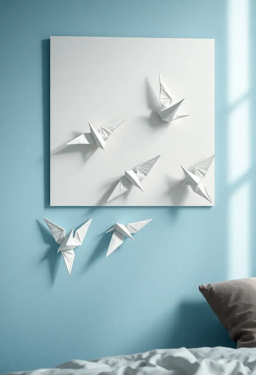 Origami crane and geometric paper folding wall art display in a teen bedroom, white and pastel paper sculptures mounted on a neutral wall