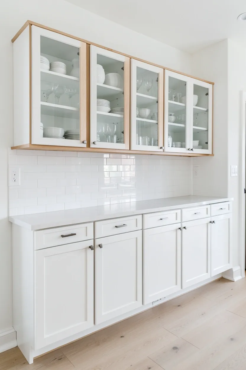 White glass-front kitchen cabinets with warm wood frames, displaying neatly arranged dishes and cookware with a Scandinavian minimalist feel