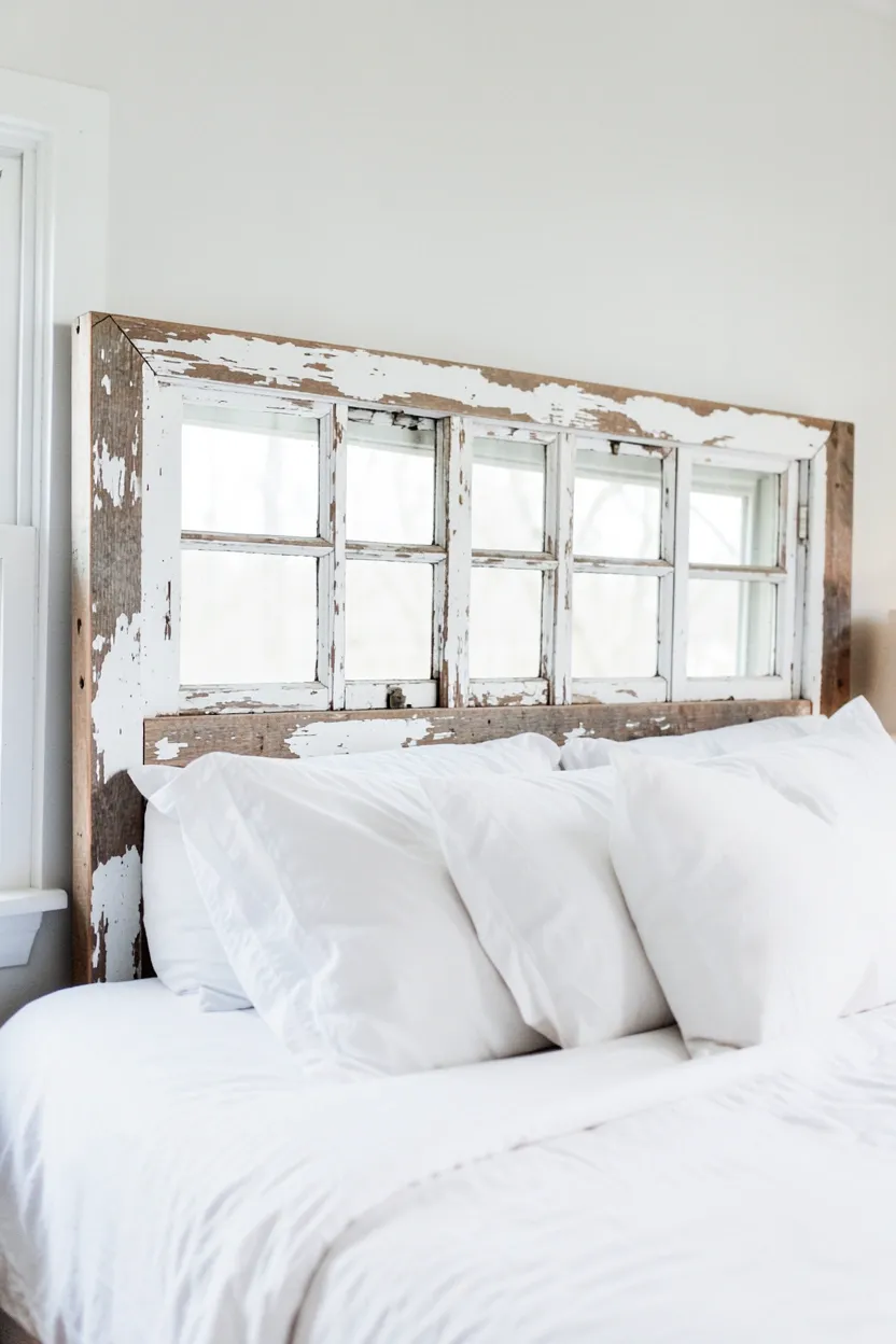 Repurposed vintage window frame with peeling white paint used as a headboard above a bed in a farmhouse bedroom