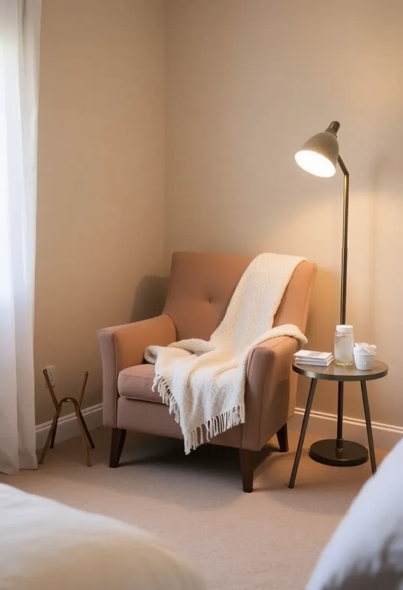 Plush cream armchair in a bedroom corner with side table and floor lamp creating a dedicated nursing nook in a cozy rental apartment