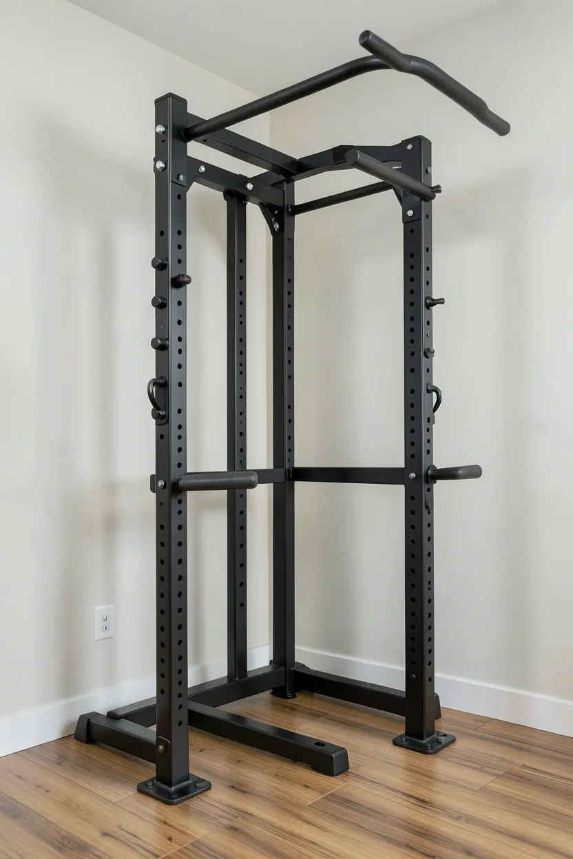 Compact black adjustable power rack with J-cups and safety bars fitted into a corner home gym room — heavy strength training essential for apartment setups