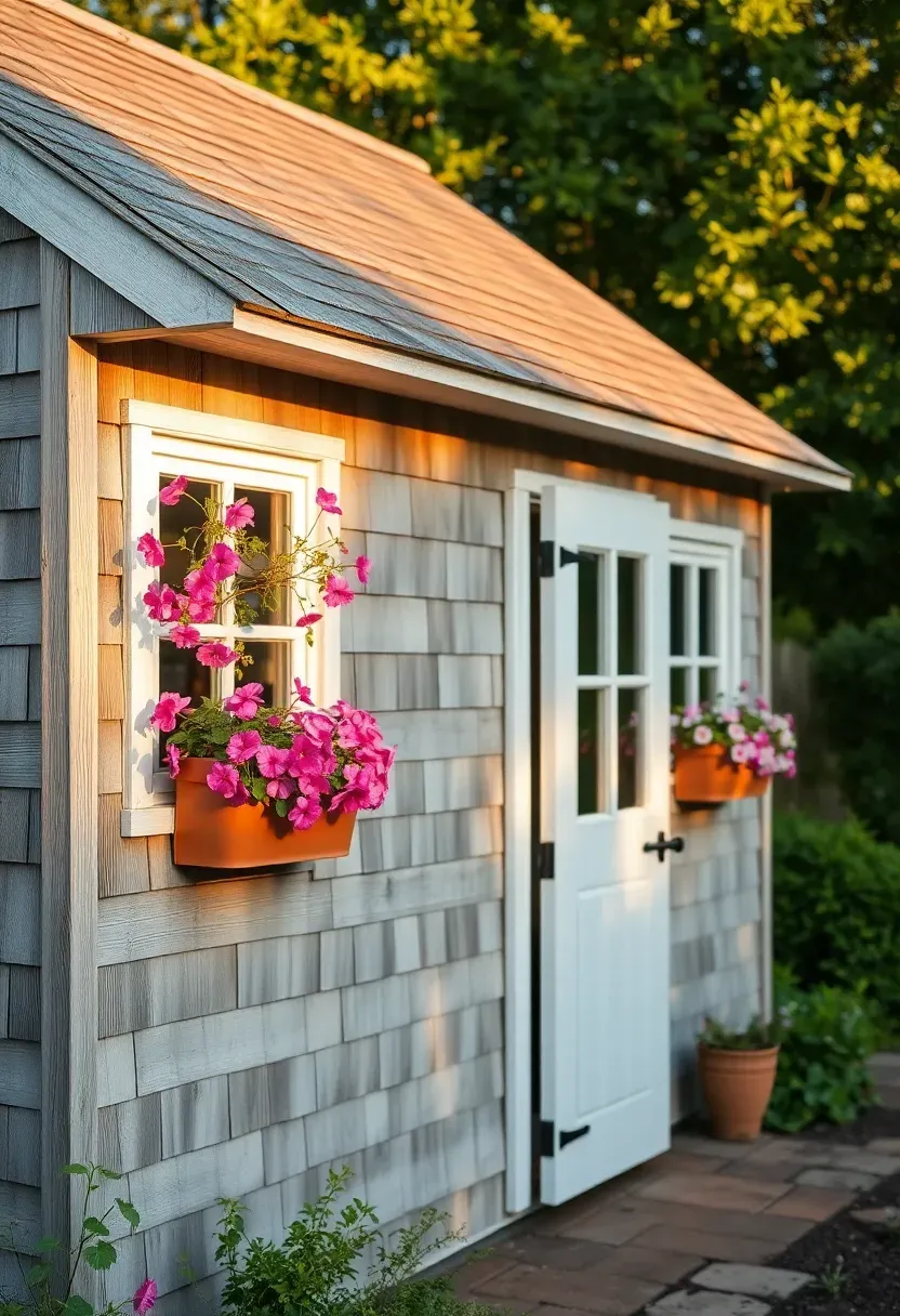 A charming cottage-style shed with natural cedar shake siding, a steep gable roof, window boxes with trailing flowers, and a Dutch door