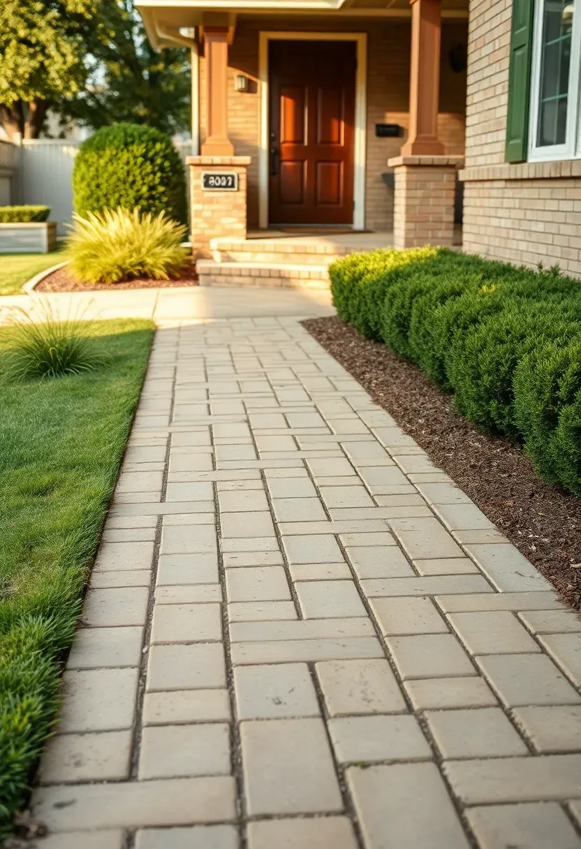 A front yard with a wide paver walkway from the sidewalk to the front door flanked by neatly maintained turf parkway strips and ornamental grasses