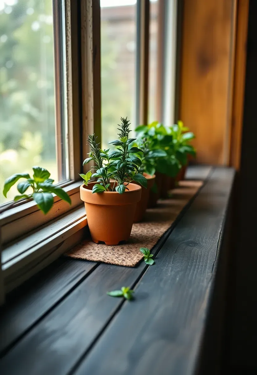 Narrow wooden window ledge in a sunroom lined with small terracotta pots of fresh basil, rosemary, thyme, and mint with morning light on the leaves