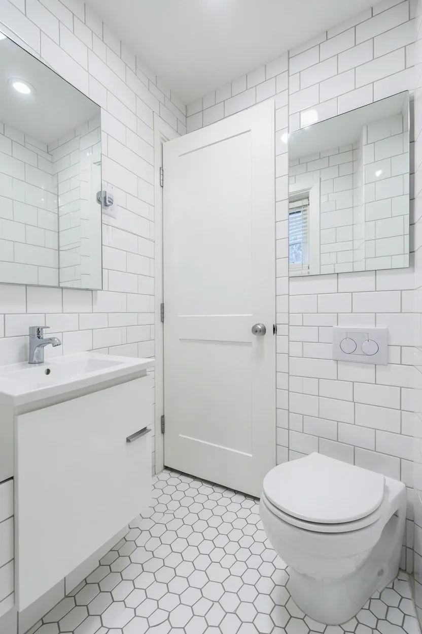 Small white bathroom with space-saving pocket door, wall-mounted toilet, white subway tiles, and frameless mirror to maximize floor space