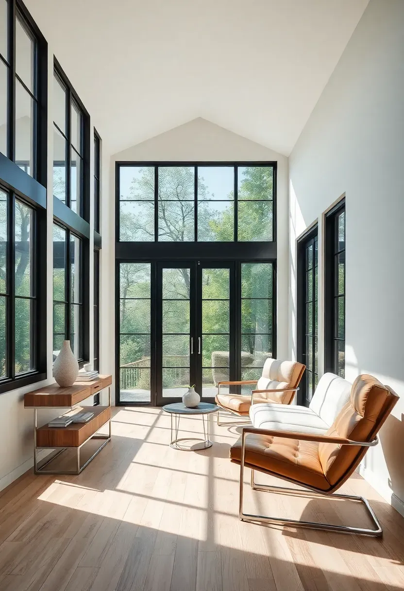 Modern sunroom with matte black steel window frames and door mullions contrasting against white walls, light oak flooring, and cream-colored modern furniture