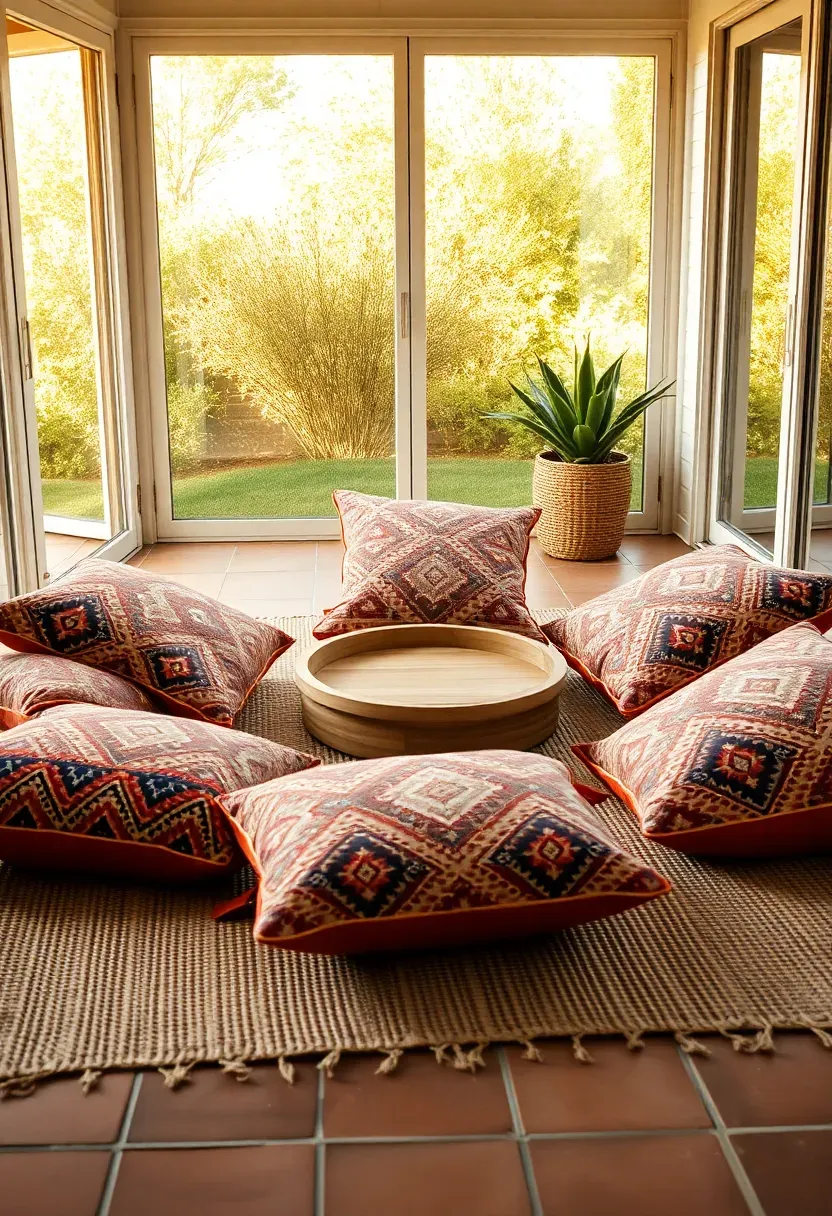 Casual sunroom floor seating area with oversized floor cushions in kilim-patterned fabric arranged on a sisal rug with a low round wooden tray table