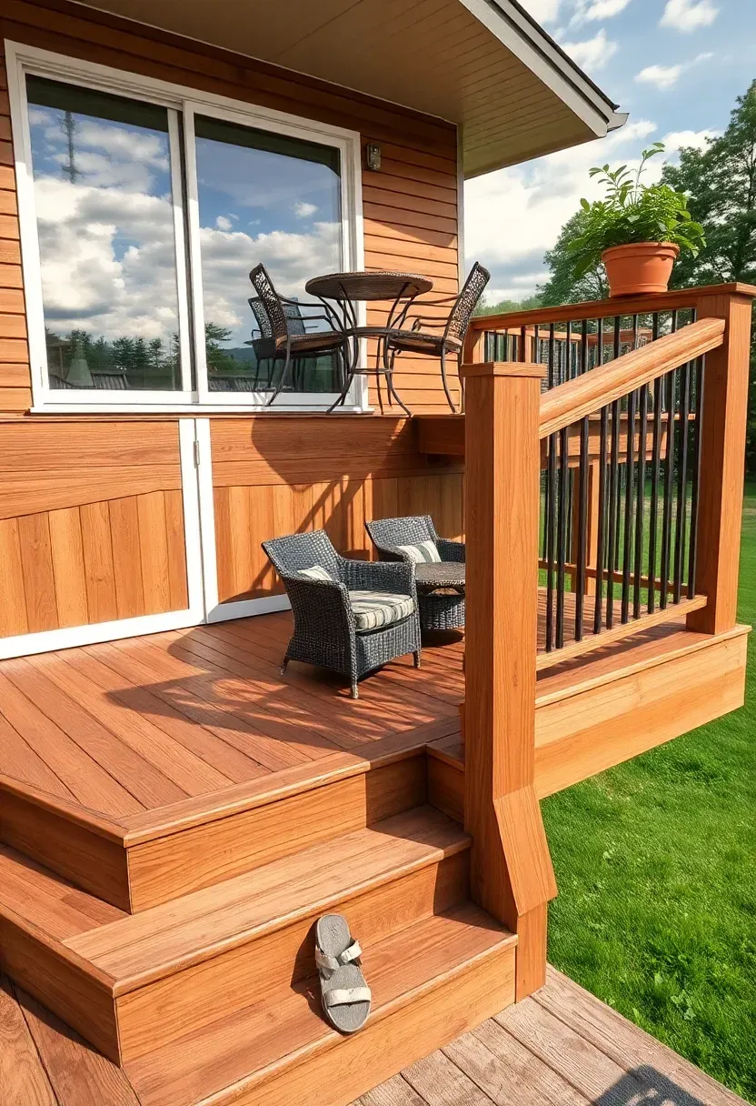 Classic two-level composite deck with the upper level connected to a house sliding door and wide stairs leading down to a lower seating area