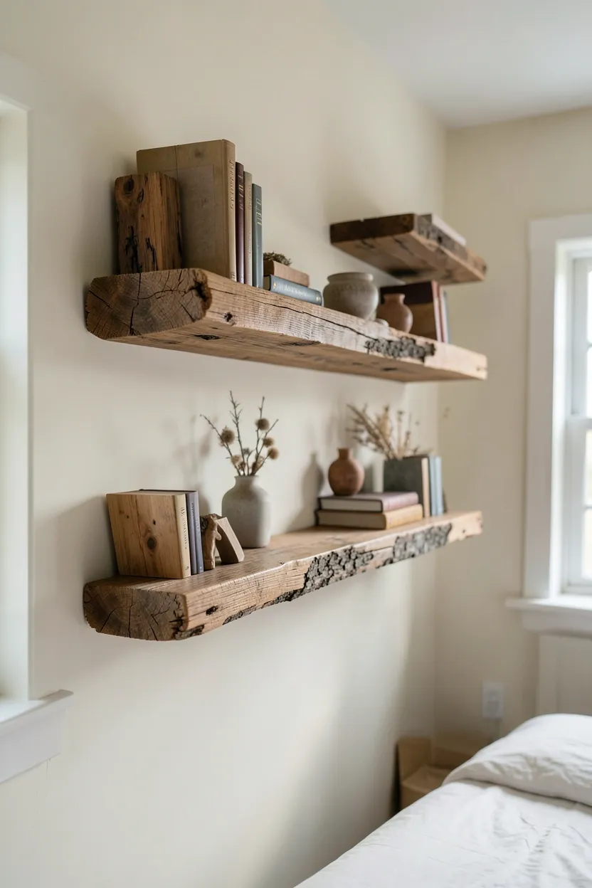 Hyper-realistic eye-level photograph of rustic wooden beam shelves mounted on bedroom wall. Heavy timber shelves with visible wood grain and natural edges, displaying books, small rustic decor items, and natural elements, cream walls, glimpses of bed. Materials: substantial timber shelves with bark edges, natural wood finish, books, wooden and ceramic decor items. Natural light from window, authentic rustic atmosphere. Shallow depth of field, sharp details on wood grain and shelf contents, balanced composition showing shelves and room. No text, no logos, no watermarks.</p>
