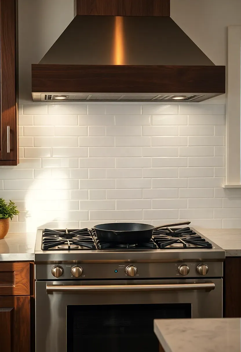 white subway tile installed in herringbone pattern behind a gas range in a transitional kitchen with dark walnut cabinets