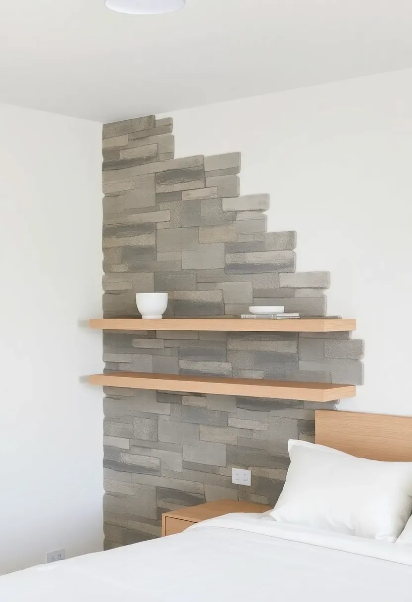 Stone Accent Wall with Floating Wood Shelves