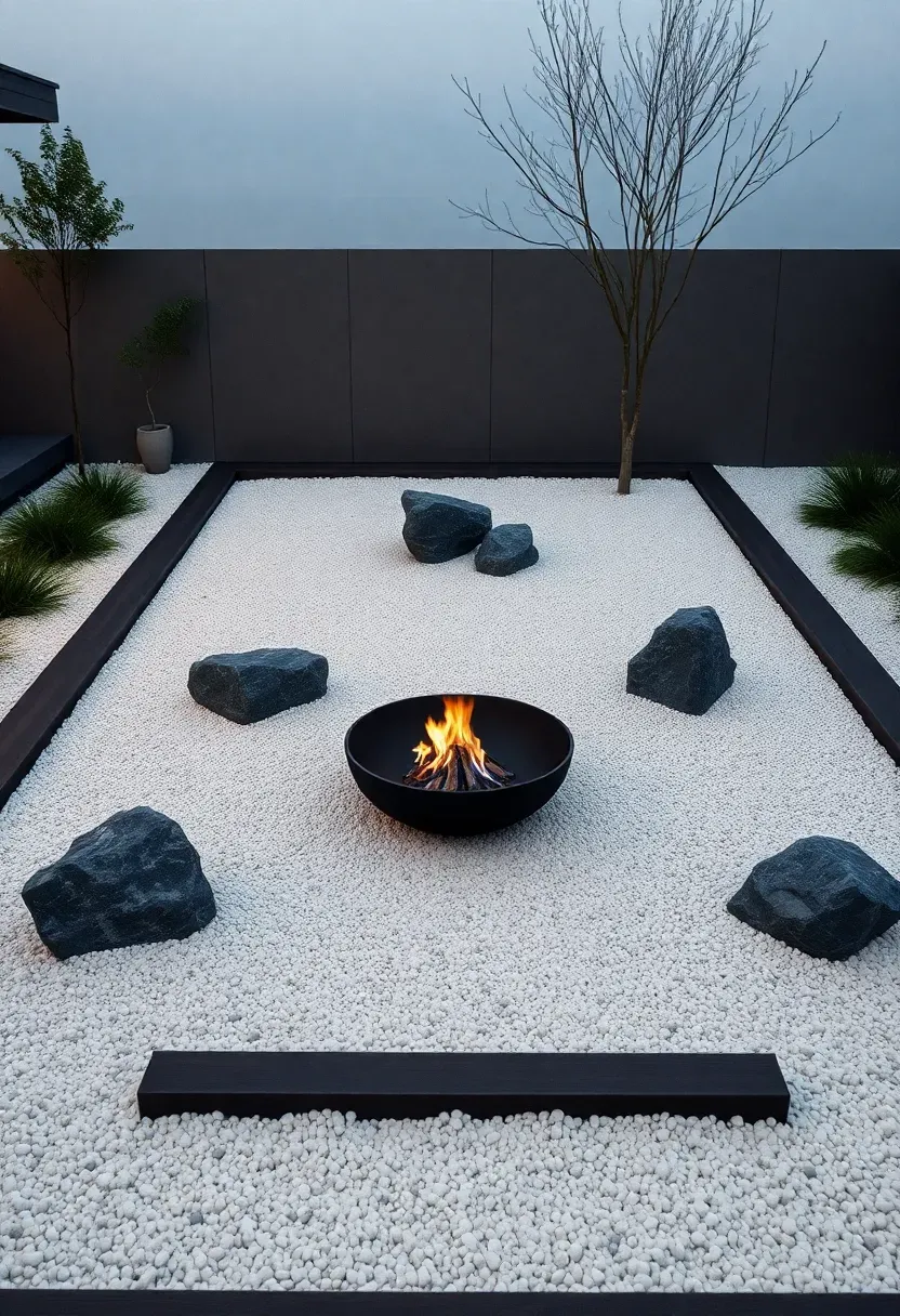 A minimalist zen gravel garden with raked white gravel surrounding a low-profile black fire pit bowl
