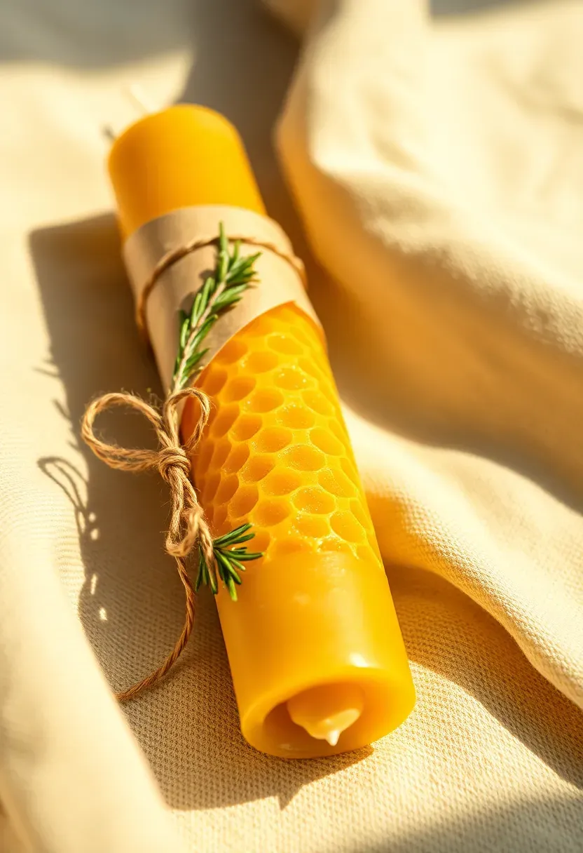 hand rolled beeswax candle in a natural golden color wrapped in parchment paper with a dried sprig of rosemary and a tag