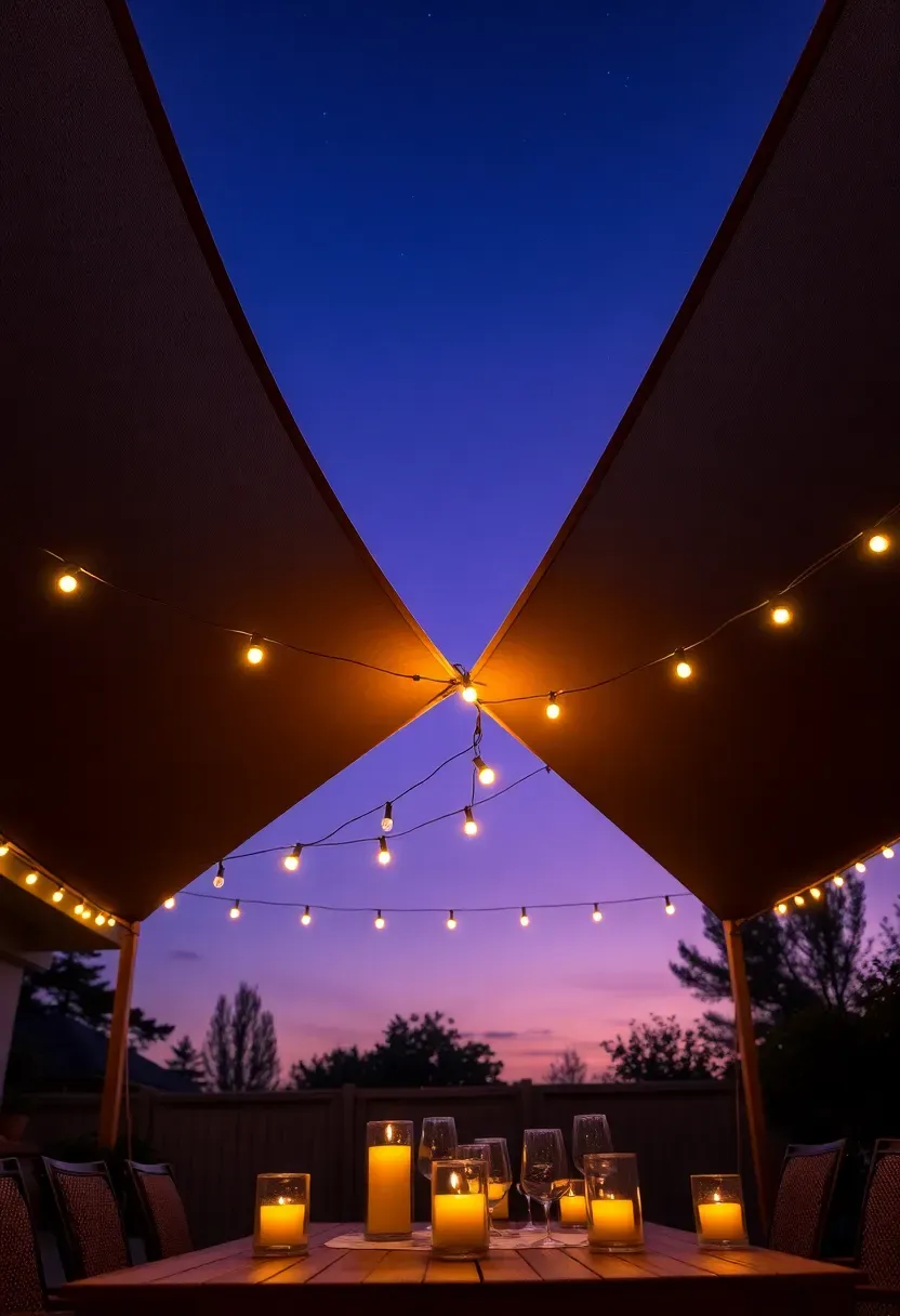 Triangular shade sails with integrated LED string lights glowing at dusk over a backyard dining table