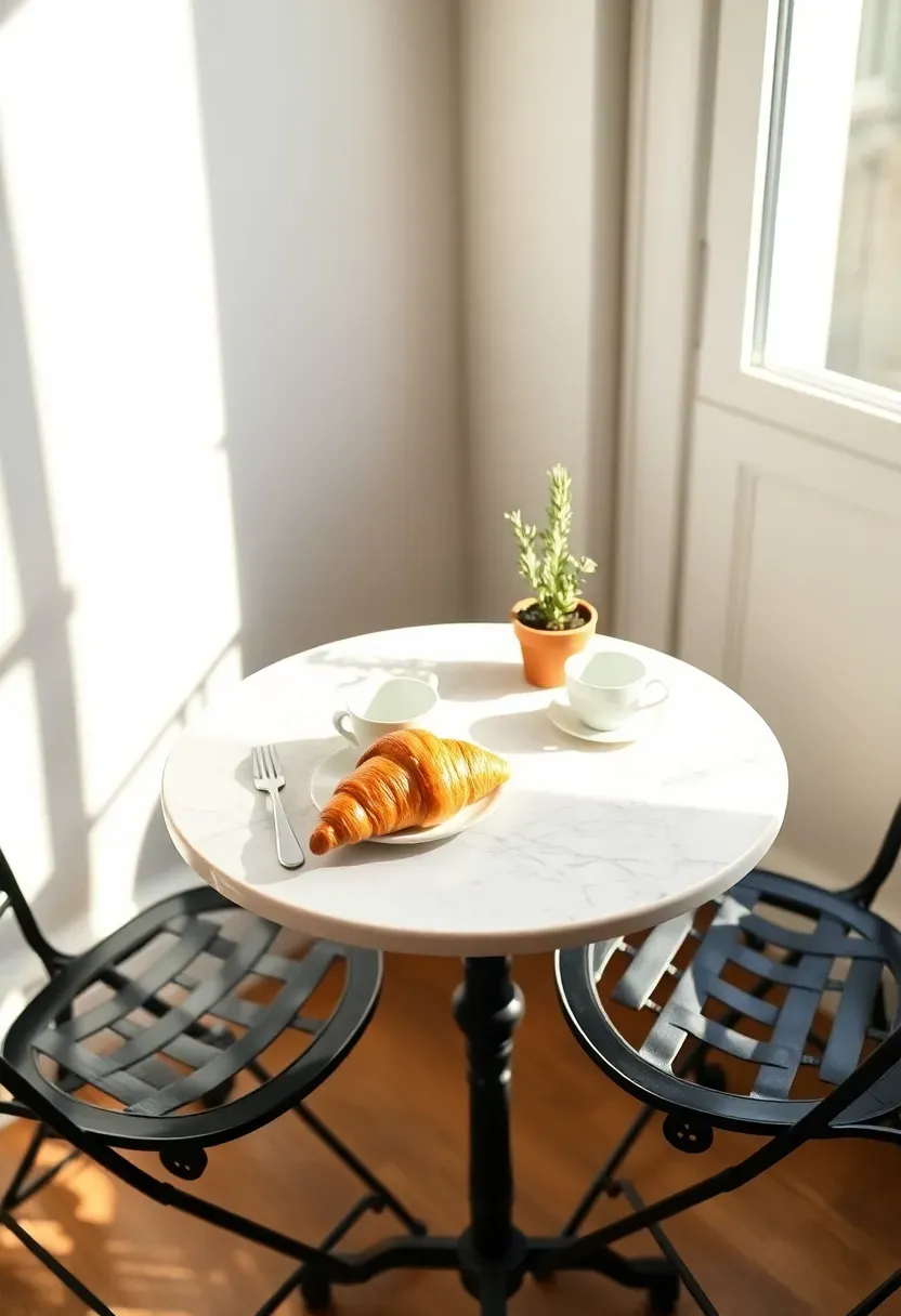 Small marble-top bistro table with two black metal folding chairs set for breakfast in a sunroom corner with a croissant, coffee, and a small potted herb