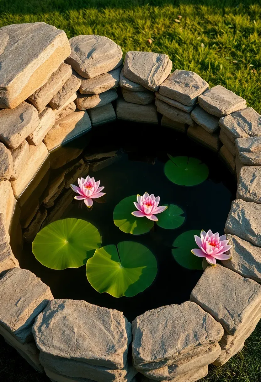 Raised stone pond built with stacked natural fieldstone, water lilies floating on the surface, backyard lawn in background
