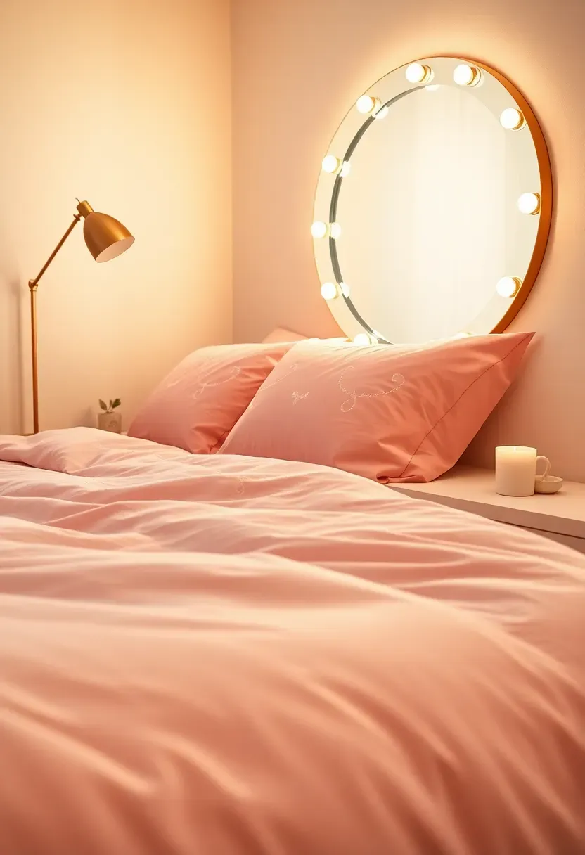 pink and gold dorm room with blush bedding gold metallic accents vanity mirror and fairy lights