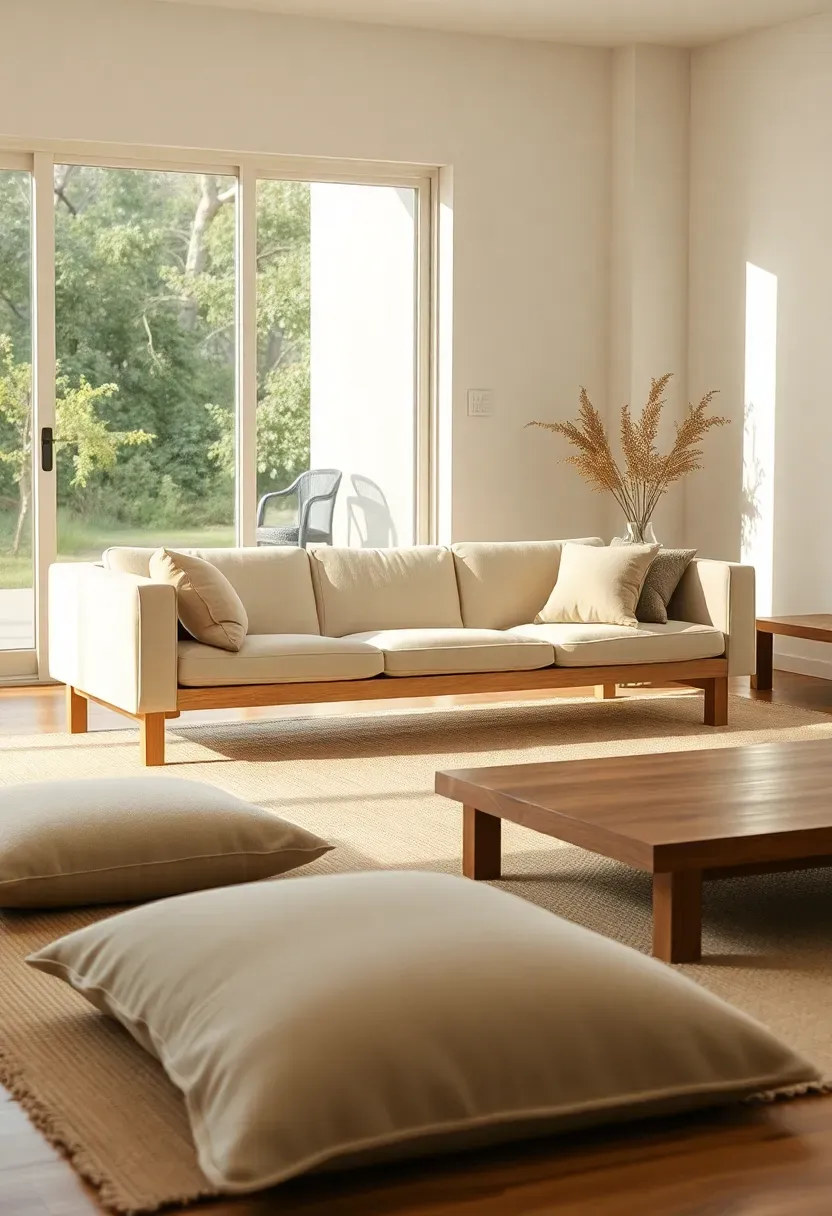Hyper-realistic 3/4 view of minimalist Japandi living room featuring low-profile cream sofa with exposed wooden legs, floor cushions in neutral tones, low rectangular wooden coffee table. Materials: light wood frame, cream linen fabric, wool felt cushions. Soft natural light from sliding glass door, gentle shadows under furniture. Serene spacious mood with emphasis on floor space visible. Shallow depth of field, sharp details on furniture joinery, rule-of-thirds composition, minimalist room context with neutral walls. No text, no logos, no watermarks.</p>