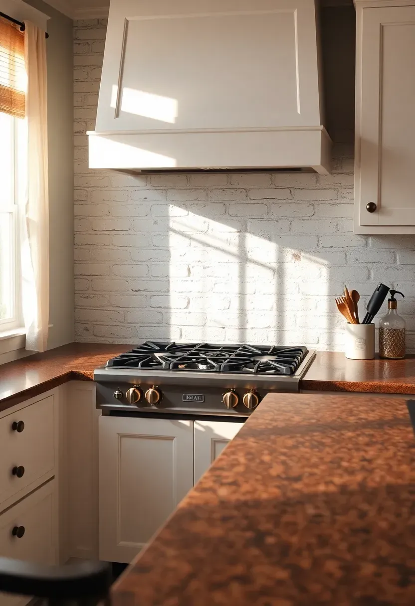 whitewashed rustic brick veneer backsplash behind range in a farmhouse kitchen with white cabinets and brown granite countertops
