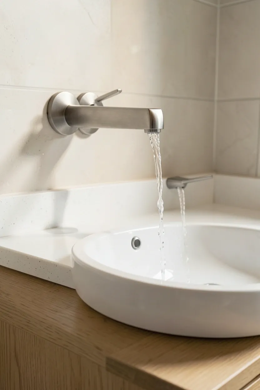 Brushed stainless wall-mounted single-handle waterfall faucet above white ceramic vessel sink on light oak vanity