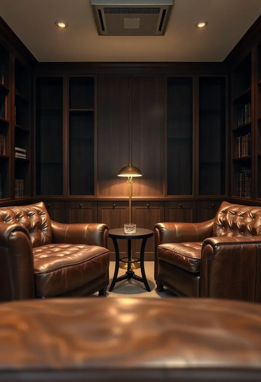 basement cigar and reading room with ventilation system leather armchairs and built-in bookshelves