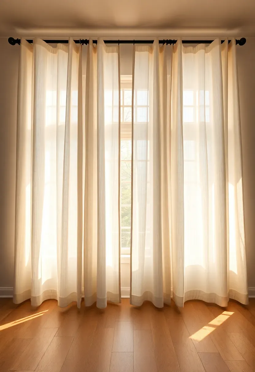 Tall sheer white linen curtain panels hanging from a black iron rod across sunroom windows with golden afternoon light filtering through the fabric
