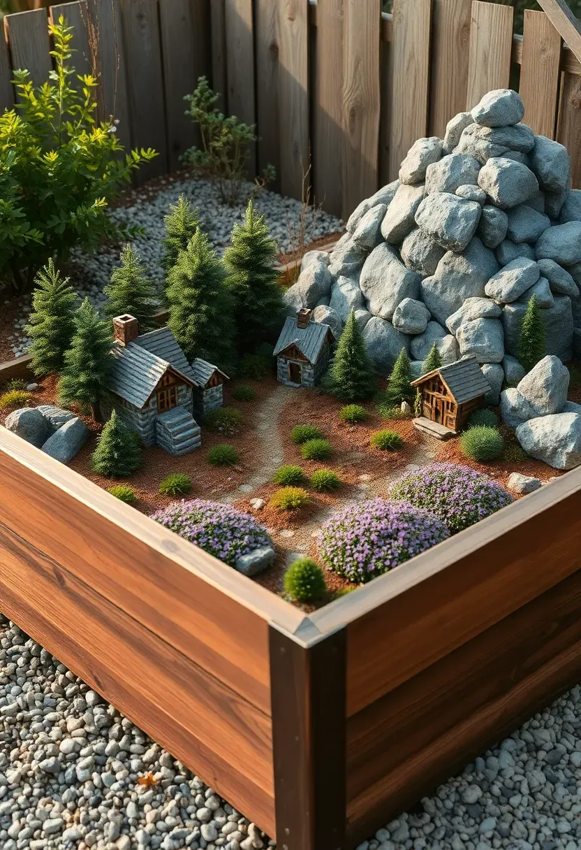 A large raised garden bed transformed into an elaborate fairy kingdom with multiple zones including a village center, forest section, meadow area, and a mountain made from stacked rocks