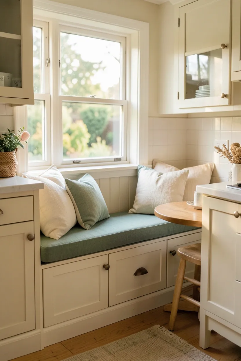 Built-in window seat with cushions and hidden storage beneath in a small cottage kitchen — cozy reading nook with function