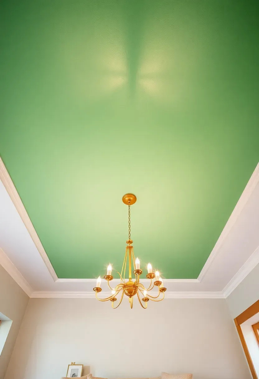 Hyper-realistic upward-angled view showing living room ceiling painted in rich emerald green with white walls, featuring modern brass chandelier and cream furniture visible below. Materials: flat emerald green ceiling paint, crisp white walls, brass fixture with multiple arms, cream sofa, light oak floor visible at edges. Ambient illumination from brass chandelier reflecting on green ceiling surface, visible room context showing ceiling extending to walls with clean color transition. Sharp focus on ceiling detail and fixture, no text or logos.</p>
